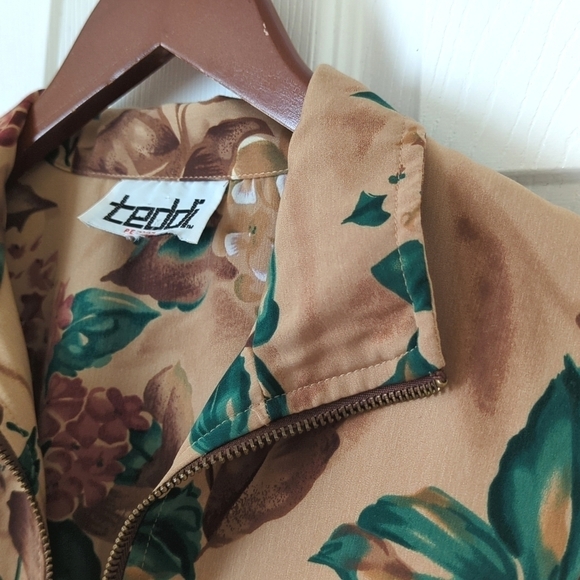 Teddi 90's Vintage Floral Printed Lightweight Silky Zip Up Jacket Brown Green SP - Picture 3 of 14